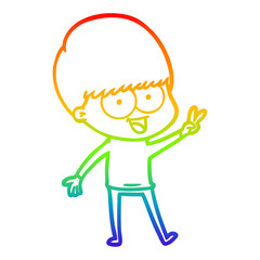 rainbow gradient line drawing happy cartoon boy waving