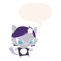 cute cartoon tough cat girl and speech bubble in retro style