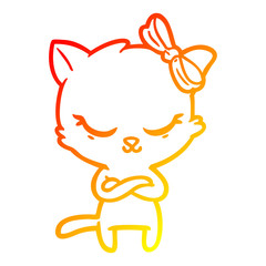 warm gradient line drawing cute cartoon cat with bow