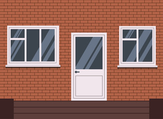 Vector white plastic closed front door with stairs and two piece and tree section window with window sill isolated on red brick wall background. Vector exterior illustration in flat cartoon style.