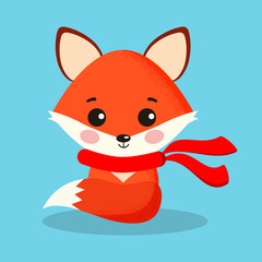 Isolated cartoon cute and sweet red fox in sitting pose with red scarf on blue background in flat style. Vector animal character illustration, childrens design element.
