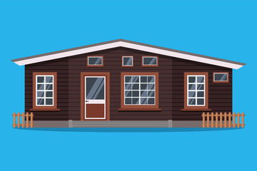 Isolated scandinavian rural wood country house with fences in flat cartoon style. Vector illustration of detailed cottage house icon isolated on blue background.