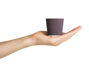 Woman hand holding coffee paper drinking cup