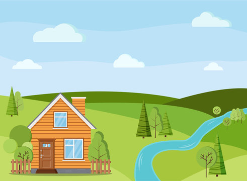 Summer or spring river landscape scene with rural country farm house with chimney, fences, green trees, spruces, fields, clouds in flat cartoon style. Summer nature vector background illustration.