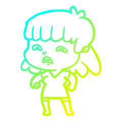 cold gradient line drawing cartoon worried woman