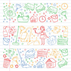 Fototapeta na wymiar Cleaning services company vector pattern, drawing in exercise book.