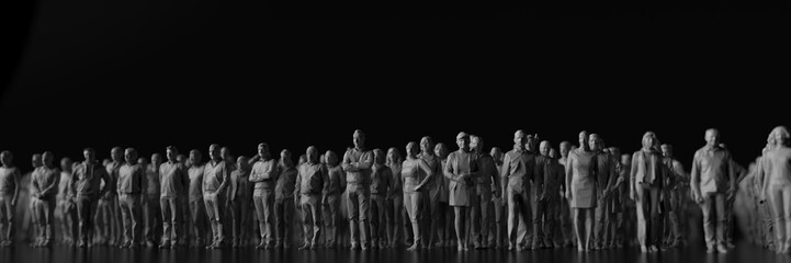 Large group of people lined up and standing together black background 3d render