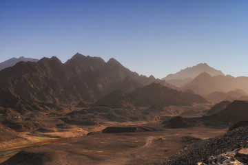 Hatta Mountains and nature, mountain valley landscape, mountain rocks in mountain valley panorama - Image. UAE.