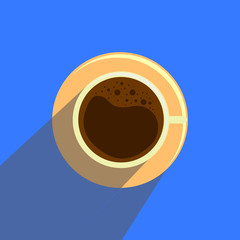 Cup with coffee in flat style on blue background.