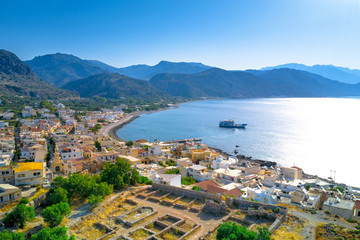 High night view of traditional village of Paleochora at sunset, Chania, Crete, Greece.