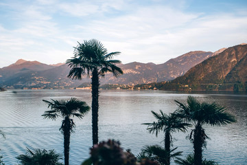 Beautiful view of Lake Como on sunset, Lombardy, Italy. View of beautiful italian Villa on Como...