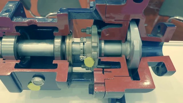 Powerful industrial pump in a cut for a better understanding of the structure of the equipment. A new sample is presented for review at the exhibition. Shot in motion