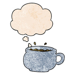 cartoon hot cup of coffee and thought bubble in grunge texture pattern style
