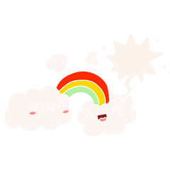happy cartoon clouds and rainbow and speech bubble in retro style