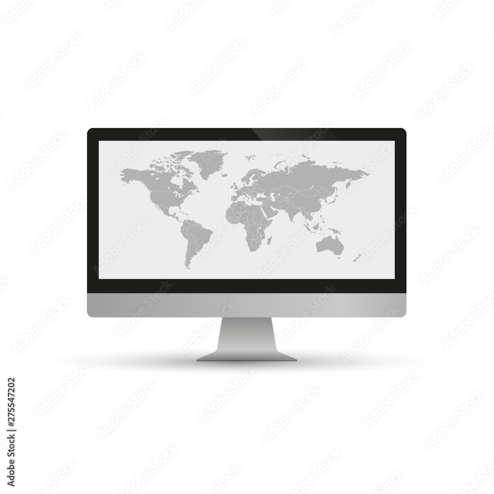Poster the gray map of the world is depicted on screen computer and on a white background.
