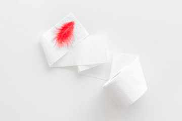 Toilet paper roll and feather for proctology diseases concept on white background top view