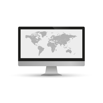 The gray map of the world is depicted on screen computer and on a white background.