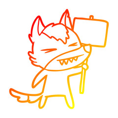 warm gradient line drawing angry wolf cartoon with placard