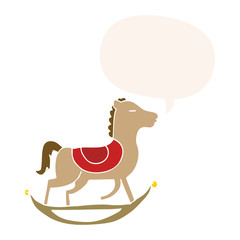 cartoon rocking horse and speech bubble in retro style