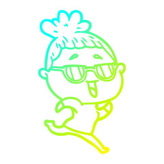 cold gradient line drawing cartoon happy woman wearing spectacles