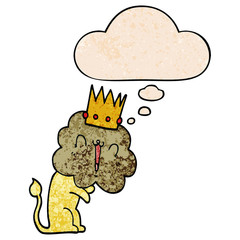 cartoon lion with crown and thought bubble in grunge texture pattern style