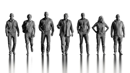Frontview six men and one woman with  different gestures whşte background 3d render