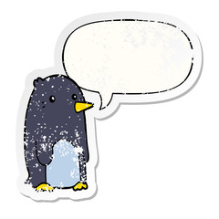 cartoon penguin and speech bubble distressed sticker