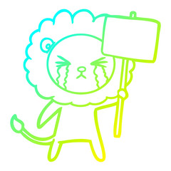 cold gradient line drawing cartoon crying lion with placard