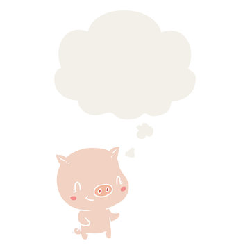 cartoon pig and thought bubble in retro style
