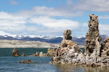 Tufa formations at Mono Lake California with snowcapped mountains in background