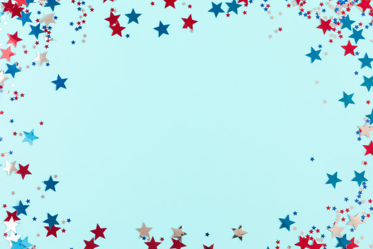 4th of July American Independence Day. Happy Independence Day, decorations on blue background. Flat lay, top view, copy space