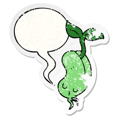 cartoon sprouting bean and speech bubble distressed sticker