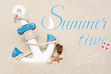 Inscription summer time. Anchor in the sand with shells and the inscription. Banner on the marine theme. Summer fun and travel.