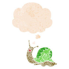 cute cartoon snail and thought bubble in retro textured style
