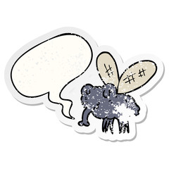 cartoon fly and speech bubble distressed sticker