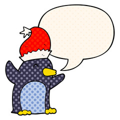 cute cartoon christmas penguin and speech bubble in comic book style
