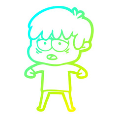 cold gradient line drawing cartoon exhausted boy