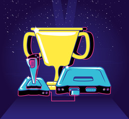 cup trophy of video gamer retro with console and joystick