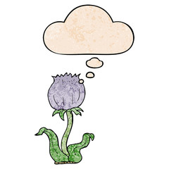 cartoon wild flower and thought bubble in grunge texture pattern style