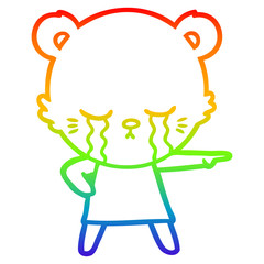 rainbow gradient line drawing crying cartoon bear in dress pointing
