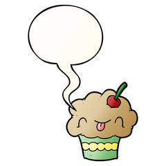 funny cartoon cupcake and speech bubble in smooth gradient style