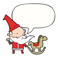 cartoon santa (or elf) making a rocking horse and speech bubble