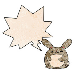 cartoon rabbit and speech bubble in retro texture style