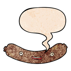 cartoon sausage and speech bubble in retro texture style