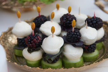 Canape with mozzarella cheese, cucumber, basil leaf and blackberry berry