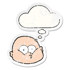 cartoon curious bald man and thought bubble as a distressed worn sticker
