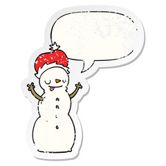 cartoon christmas snowman and speech bubble distressed sticker