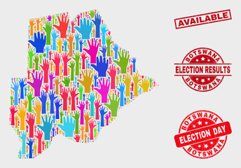 Electoral Botswana map and seal stamps. Red rectangular Available grunge seal. Colored Botswana map mosaic of upwards vote hands. Vector composition for election day, and referendum results.