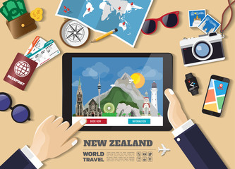 Hand holding smart tablet booking travel destination.New zealand famous places.Vector concept banners in flat style with the set of traveling objects, accessories and tourism icon.