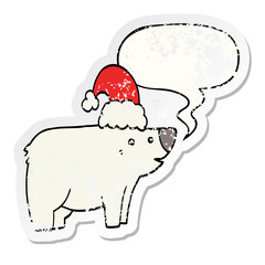 cartoon bear wearing christmas hat and speech bubble distressed sticker
